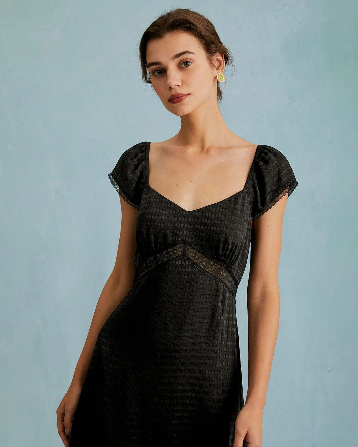 The Black V Neck Lace Spliced Short Sleeve Midi Dress 2 The Black V Neck Lace Spliced Short Sleeve Midi Dress - Image 2