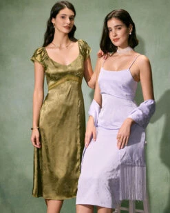 The Green Satin Jacquard Side Split Midi Dress 14 The Green Satin Jacquard Side Split Midi Dress -CINN Clothing Shop 0327RIHOAS 1547