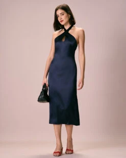 The Navy Cut-Out Satin Halter Midi Dress -CINN Clothing Shop 0327RIHOAS 2198