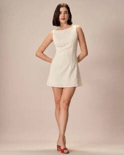 The Beige Boat Neck Textured Mini Dress -CINN Clothing Shop 0327RIHOAS 2243