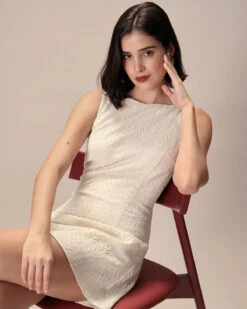 The Beige Boat Neck Textured Mini Dress -CINN Clothing Shop 0327RIHOAS 2283