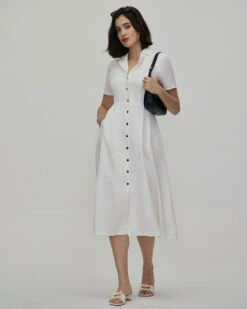 The White Lapel Short Sleeve Button-up Midi Dress -CINN Clothing Shop 0327RIHOAS 3270