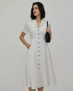 The White Lapel Short Sleeve Button-up Midi Dress -CINN Clothing Shop 0327RIHOAS 3282