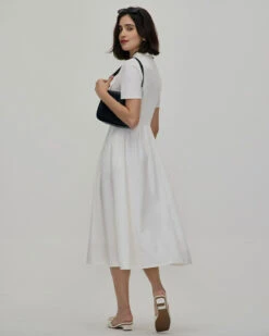 The White Lapel Short Sleeve Button-up Midi Dress -CINN Clothing Shop 0327RIHOAS 3297
