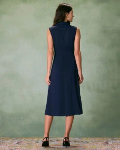 The Navy Collared Ruched Sleeveless Midi Dress -CINN Clothing Shop 0327RIHOAS 545