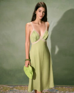 The Green V-Neck Lace Trim Satin Midi Dress -CINN Clothing Shop 0327RIHOAS 809