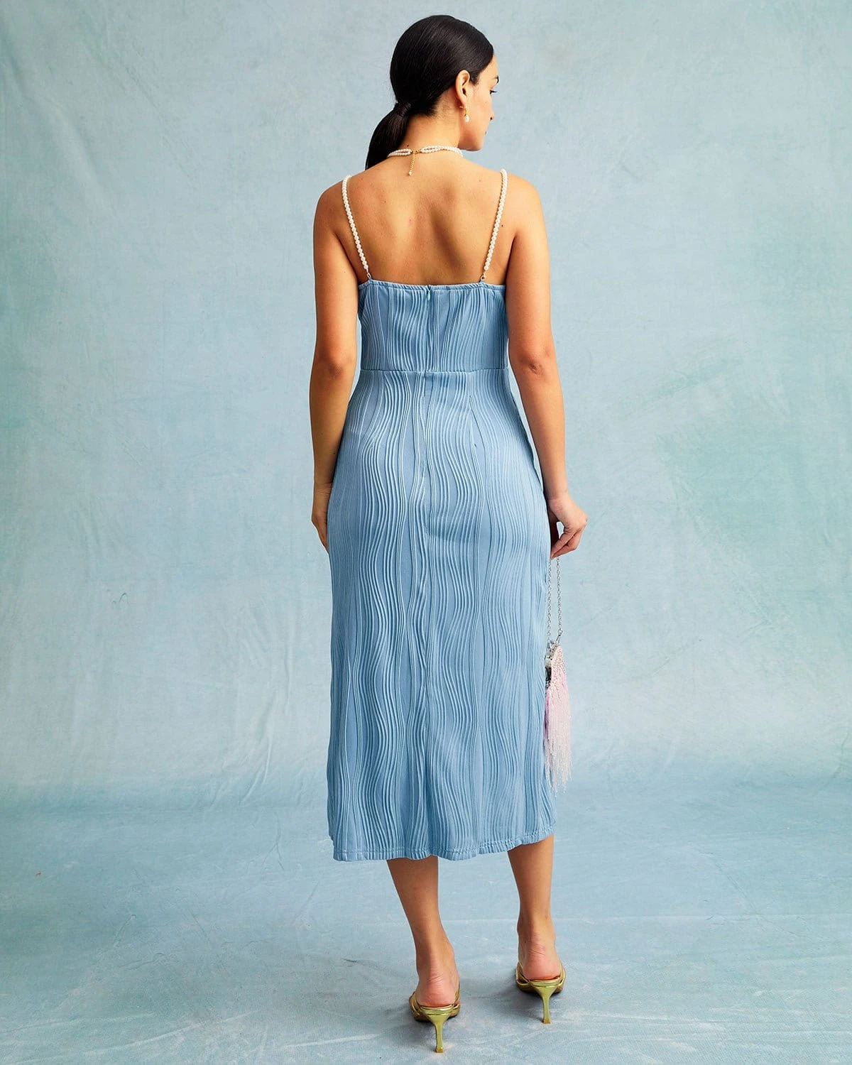 The Blue Wave Textured Pearl Strap Midi Dress 5 The Blue Wave Textured Pearl Strap Midi Dress - Image 5