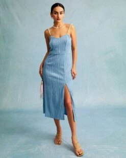 The Blue Wave Textured Pearl Strap Midi Dress