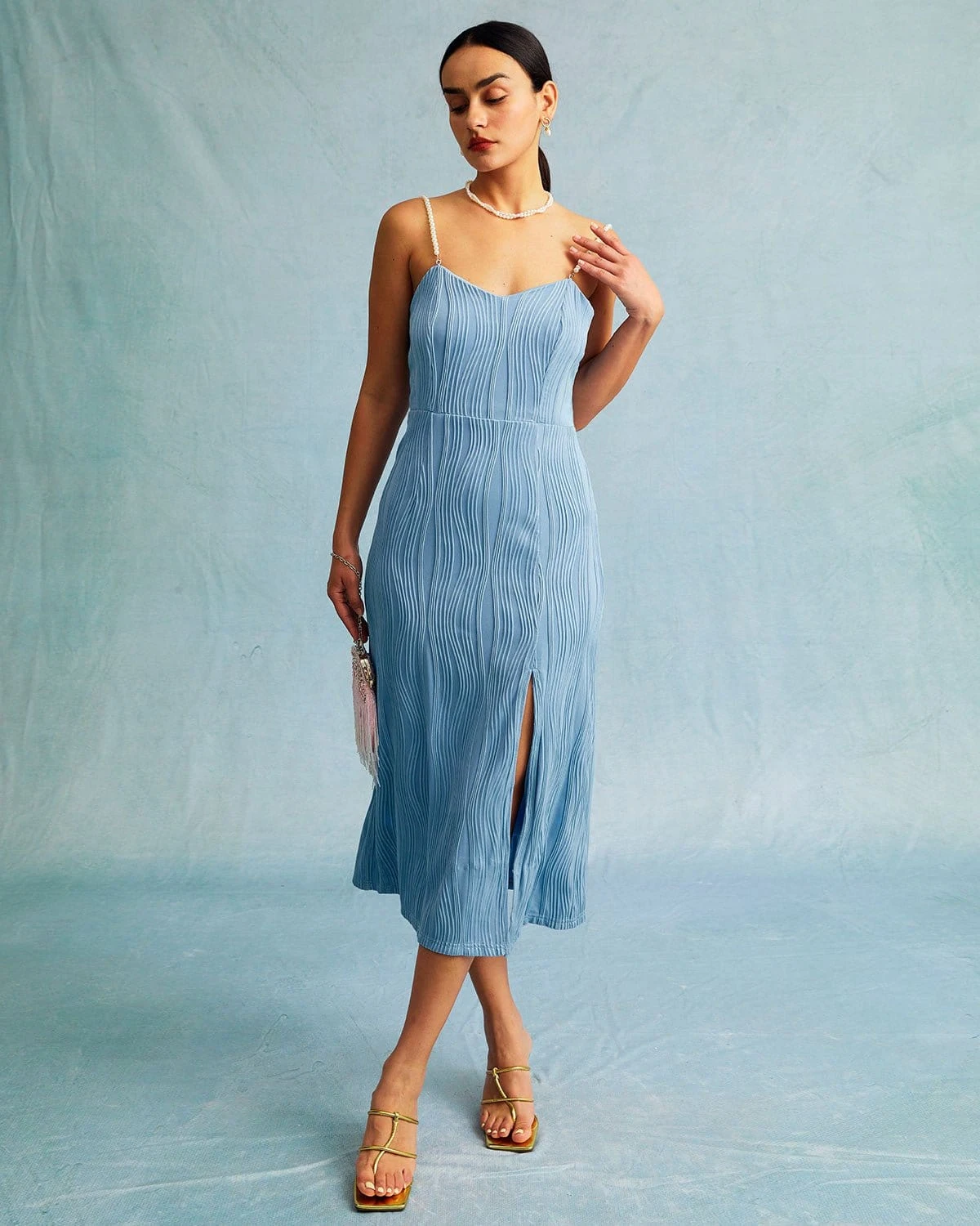 The Blue Wave Textured Pearl Strap Midi Dress 4 The Blue Wave Textured Pearl Strap Midi Dress - Image 4