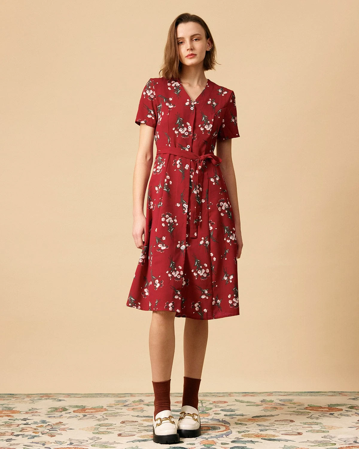 The V Neck Knotted Floral Midi Dress 4 The V Neck Knotted Floral Midi Dress - Image 4
