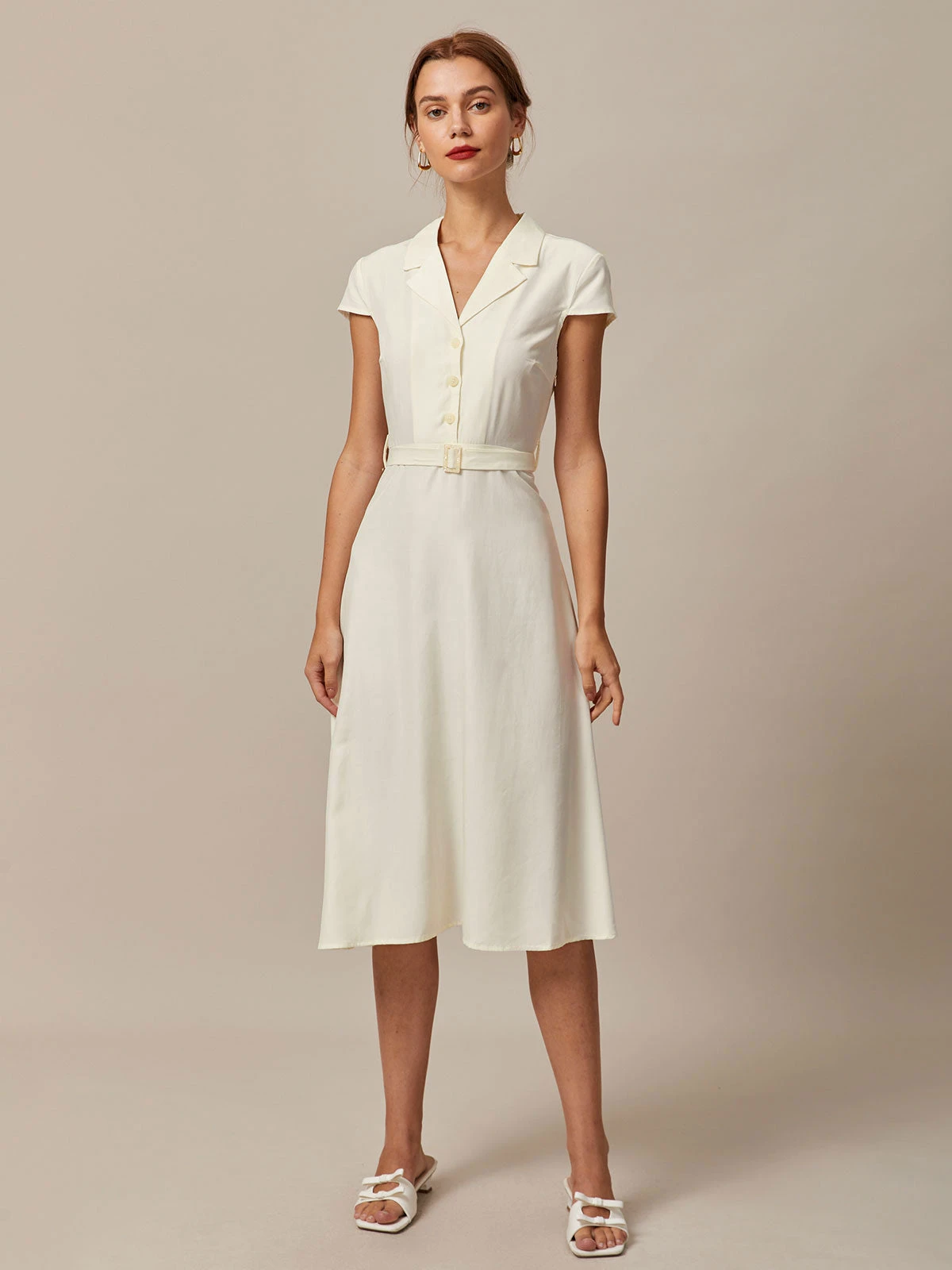 The Beige Lapel Cap Sleeve Shirt Midi Dress 4 The Beige Lapel Cap Sleeve Shirt Midi Dress - Image 4