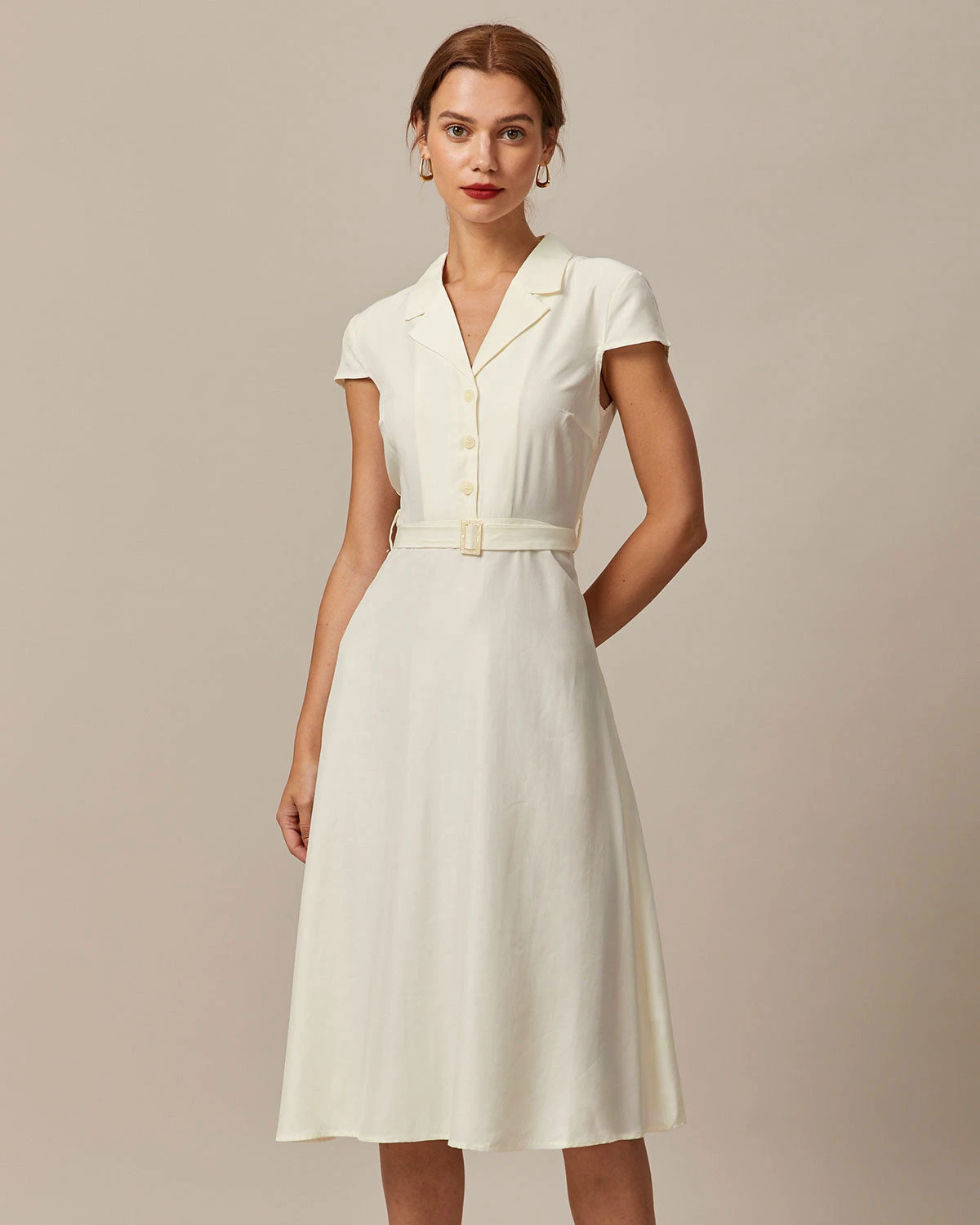 The Beige Lapel Cap Sleeve Shirt Midi Dress 1 The Beige Lapel Cap Sleeve Shirt Midi Dress