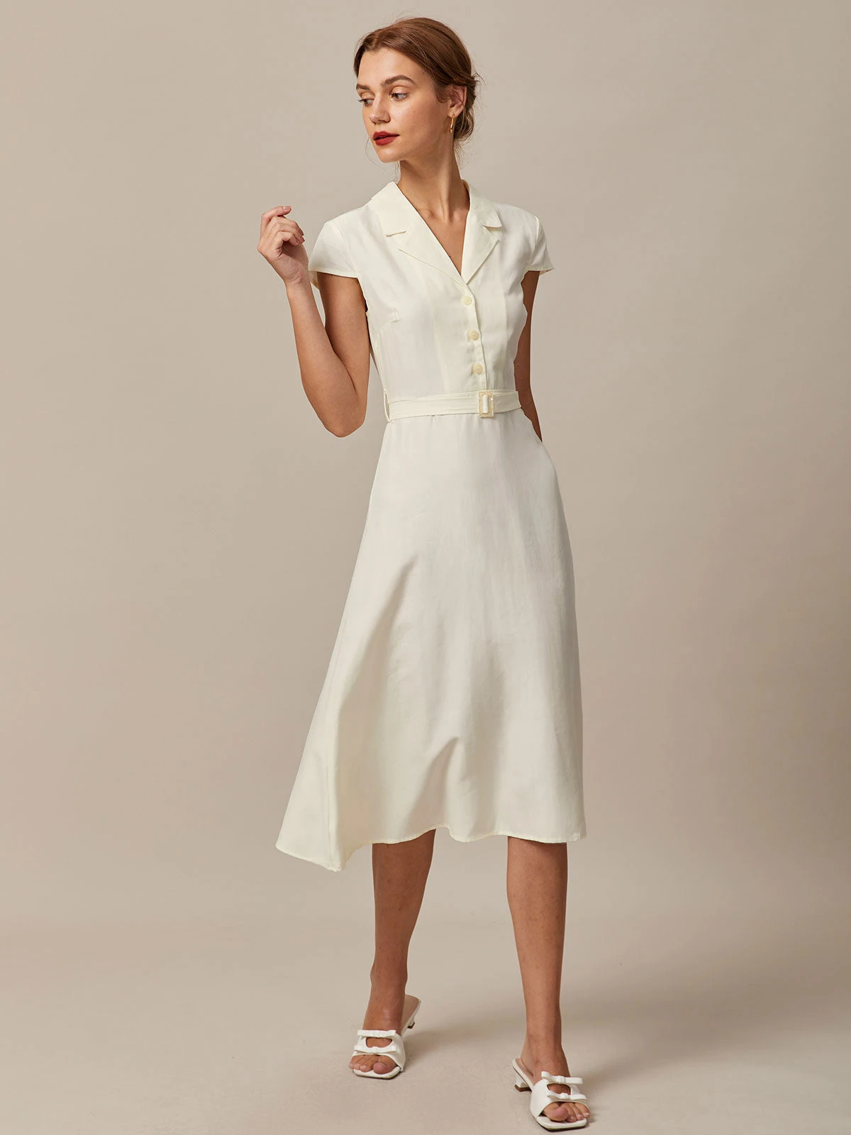 The Beige Lapel Cap Sleeve Shirt Midi Dress 3 The Beige Lapel Cap Sleeve Shirt Midi Dress - Image 3