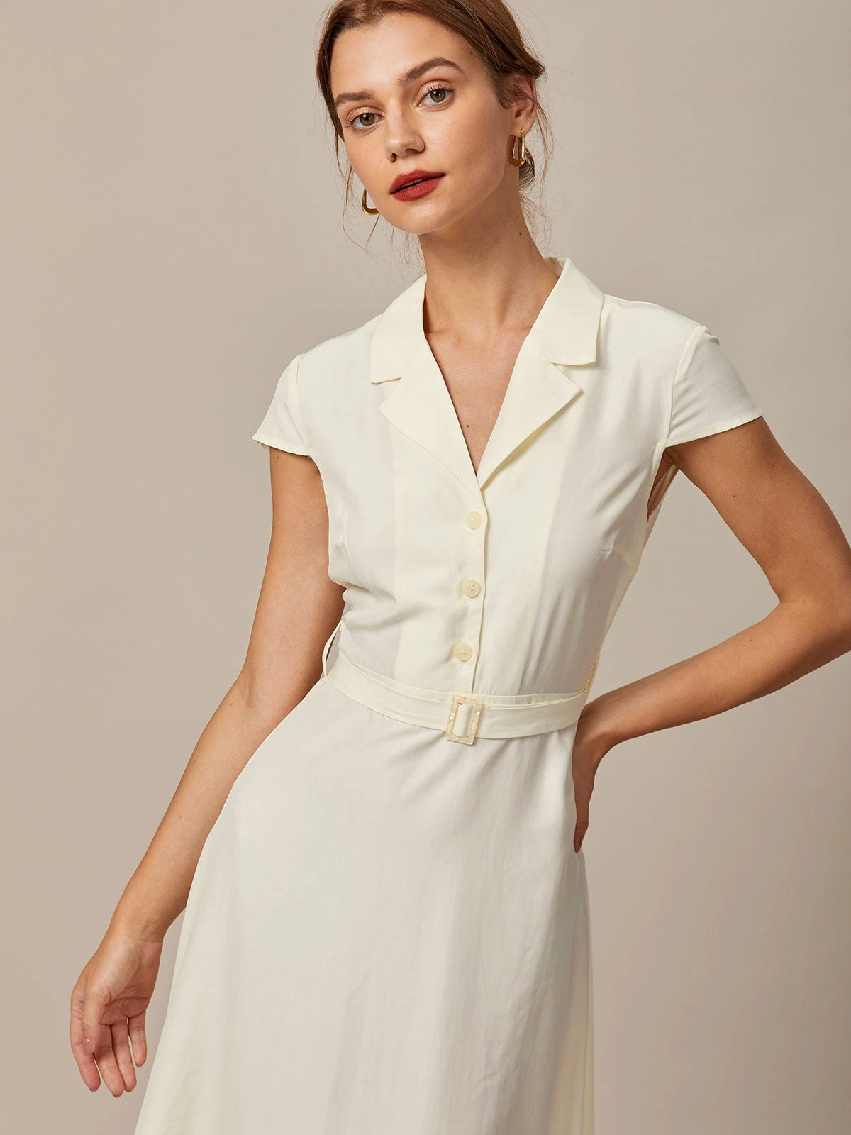 The Beige Lapel Cap Sleeve Shirt Midi Dress 2 The Beige Lapel Cap Sleeve Shirt Midi Dress - Image 2