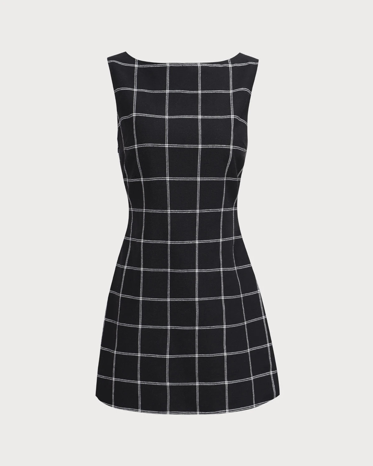 The Black Boat Neck Cotton Linen Plaid Mini Dress 5 The Black Boat Neck Cotton Linen Plaid Mini Dress - Image 5