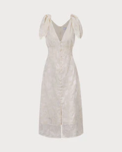 The Beige V Neck Jacquard Midi Dress -CINN Clothing Shop 0 cd5879d3 a5af 4288 99ec b7647bb1e63f