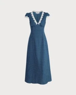 The Navy V Neck Polka Dot Lace Ruched Maxi Dress -CINN Clothing Shop 0 f29c33e7 cdeb 4830 9a37 2c35173aae5f 956412
