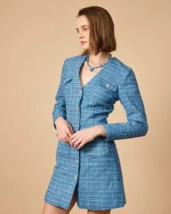 The V Neck Plaid Tweed Long Sleeve Mini Dress -CINN Clothing Shop 1001