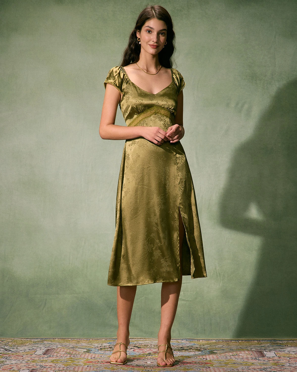 The Green Satin Jacquard Side Split Midi Dress 4 The Green Satin Jacquard Side Split Midi Dress - Image 4