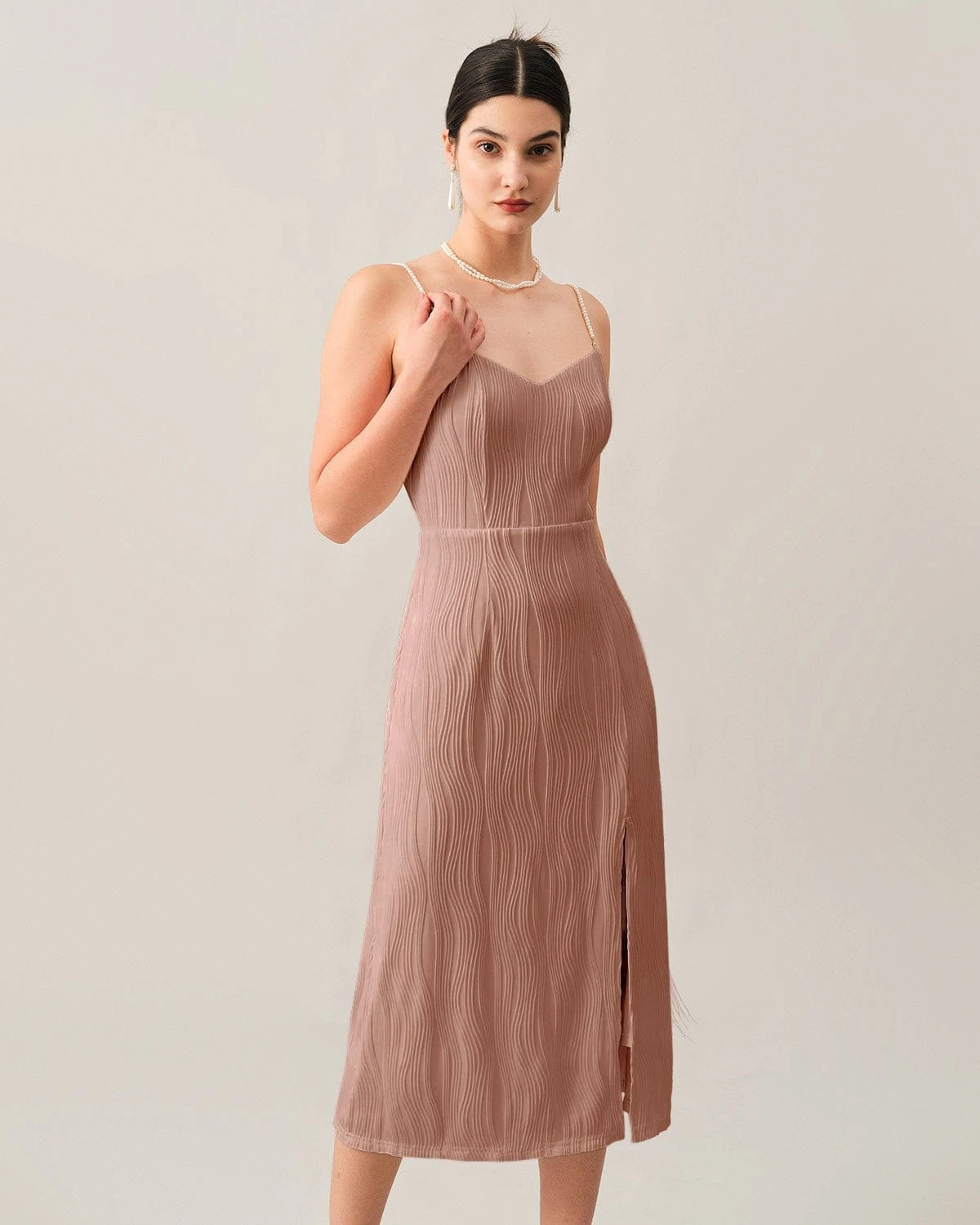 The Pink Wave Textured Pearl Strap Midi Dress 1 The Pink Wave Textured Pearl Strap Midi Dress