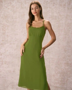 The Green Frill Trim Side Split Midi Dress