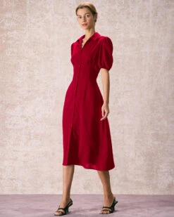 The Red Lapel Button Puff Sleeve Midi Dress 6 The Red Lapel Button Puff Sleeve Midi Dress -CINN Clothing Shop 240109 RIHOAS.1968