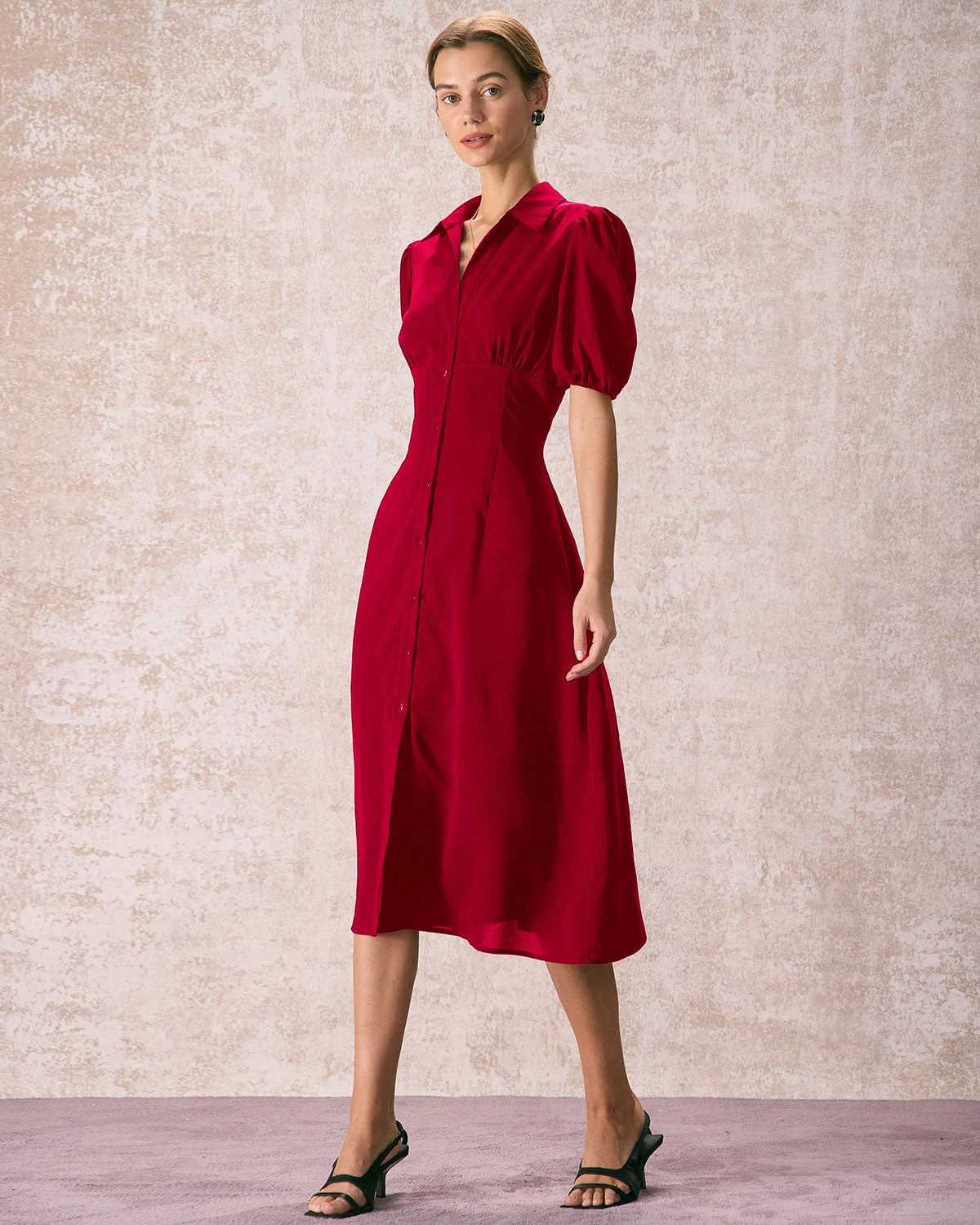 The Red Lapel Button Puff Sleeve Midi Dress 3 The Red Lapel Button Puff Sleeve Midi Dress - Image 3