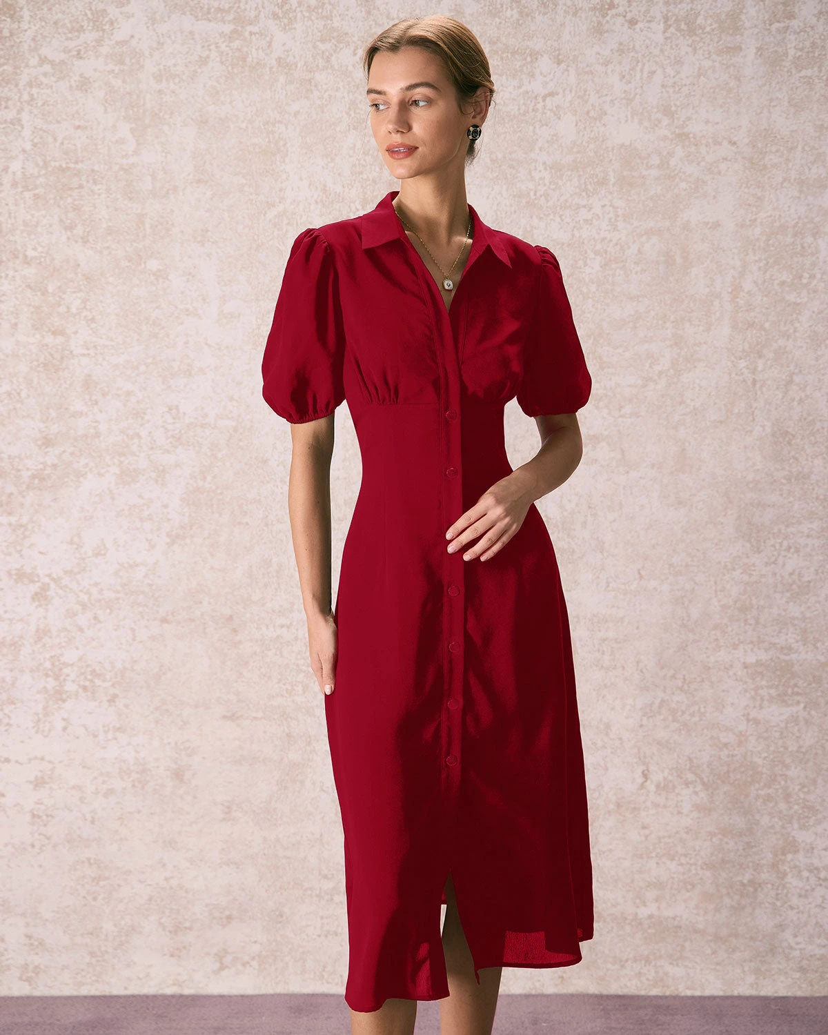 The Red Lapel Button Puff Sleeve Midi Dress 2 The Red Lapel Button Puff Sleeve Midi Dress - Image 2