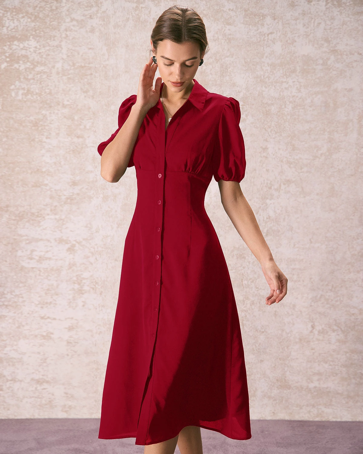 The Red Lapel Button Puff Sleeve Midi Dress 1 The Red Lapel Button Puff Sleeve Midi Dress