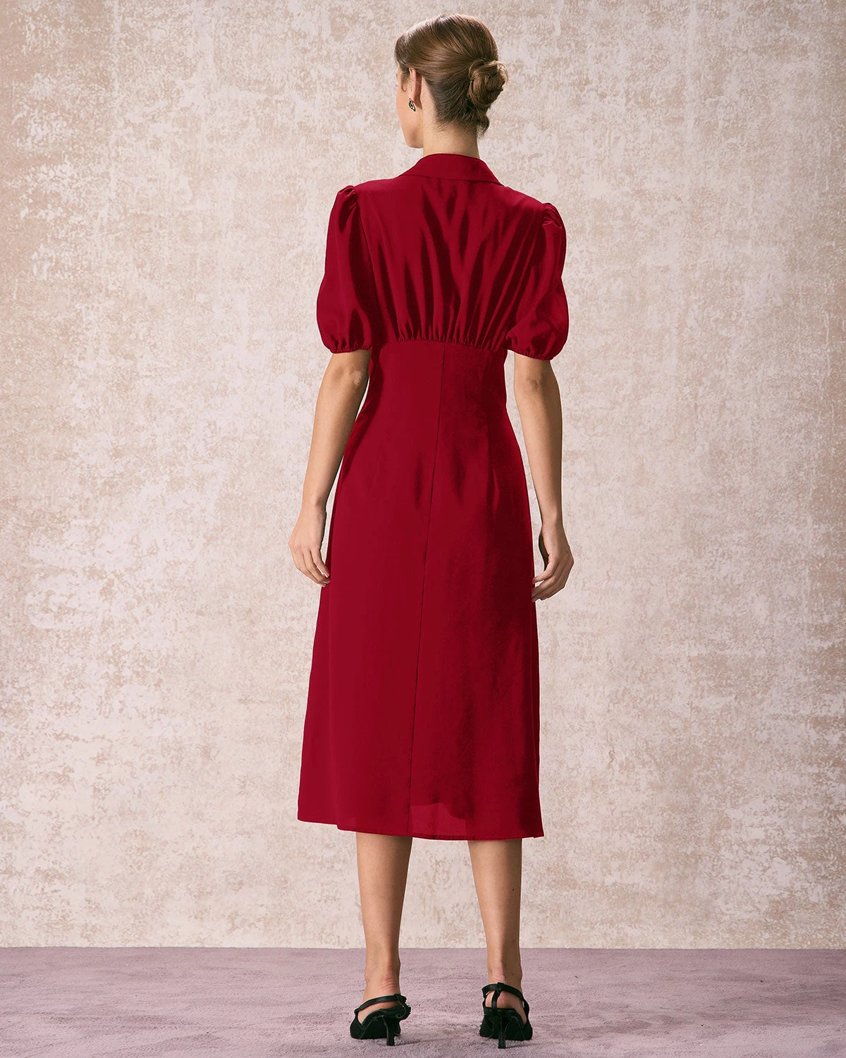 The Red Lapel Button Puff Sleeve Midi Dress 4 The Red Lapel Button Puff Sleeve Midi Dress - Image 4