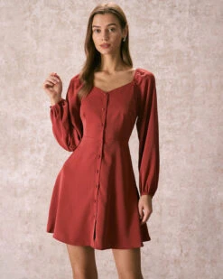The Brick Red V Neck Button Mini Dress 7 The Brick Red V Neck Button Mini Dress -CINN Clothing Shop 240109 RIHOAS.789