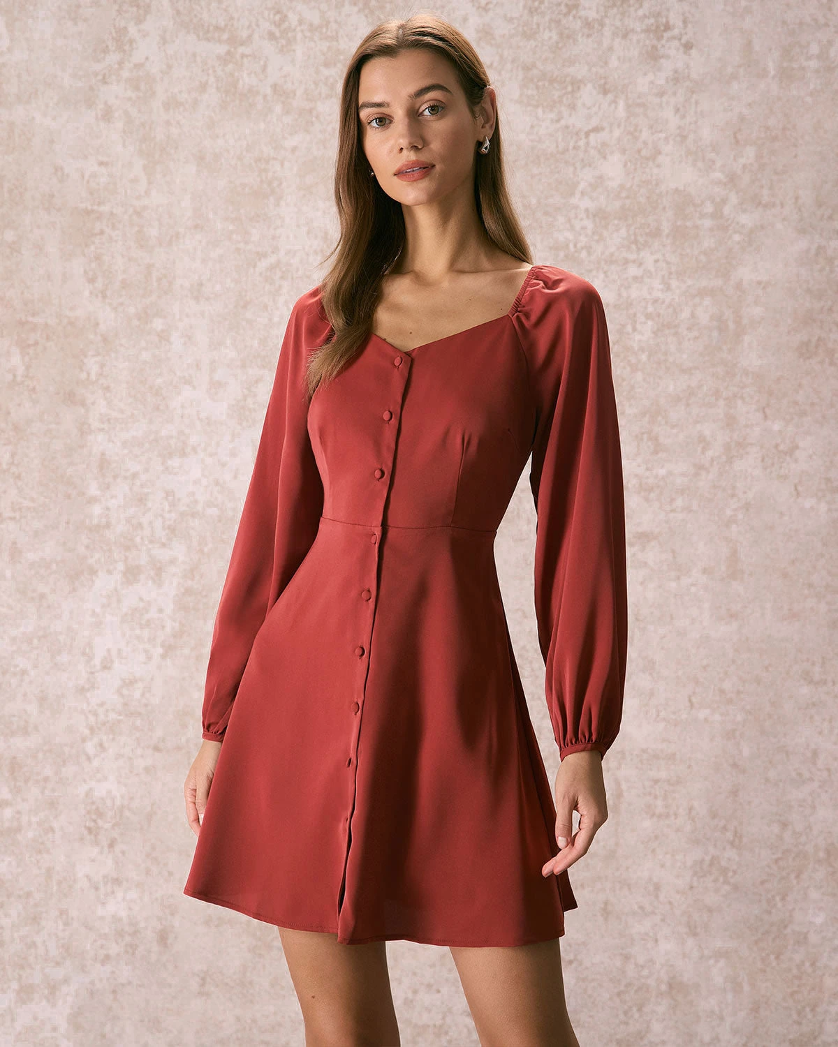 The Brick Red V Neck Button Mini Dress 1 The Brick Red V Neck Button Mini Dress