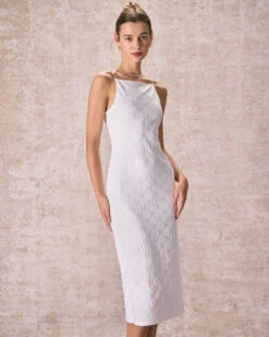 The White Floral Textured Pearl Slip Midi Dress