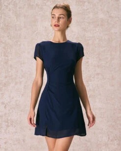 The Navy Round Neck Side Split Mini Dress -CINN Clothing Shop 240126 RIHOAS 2253