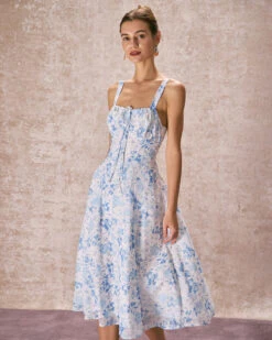 The Blue Square Neck Floral Ruched Midi Dress -CINN Clothing Shop 240126 RIHOAS 2957