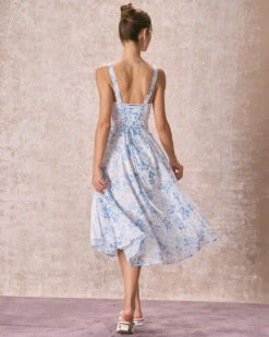 The Blue Square Neck Floral Ruched Midi Dress -CINN Clothing Shop 240126 RIHOAS 3030