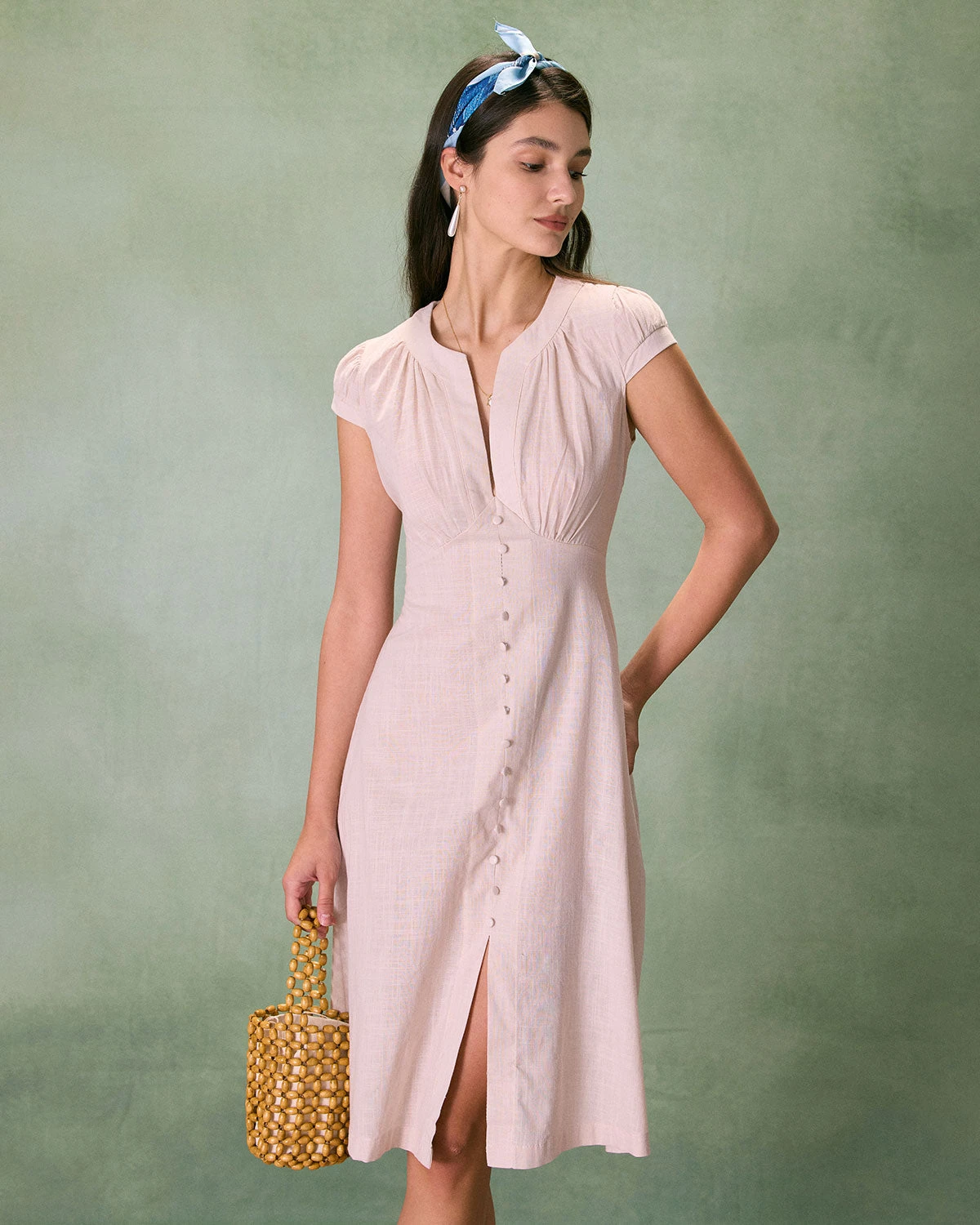 The Beige Cap Sleeve Split Hem Midi Dress 4 The Beige Cap Sleeve Split Hem Midi Dress - Image 4