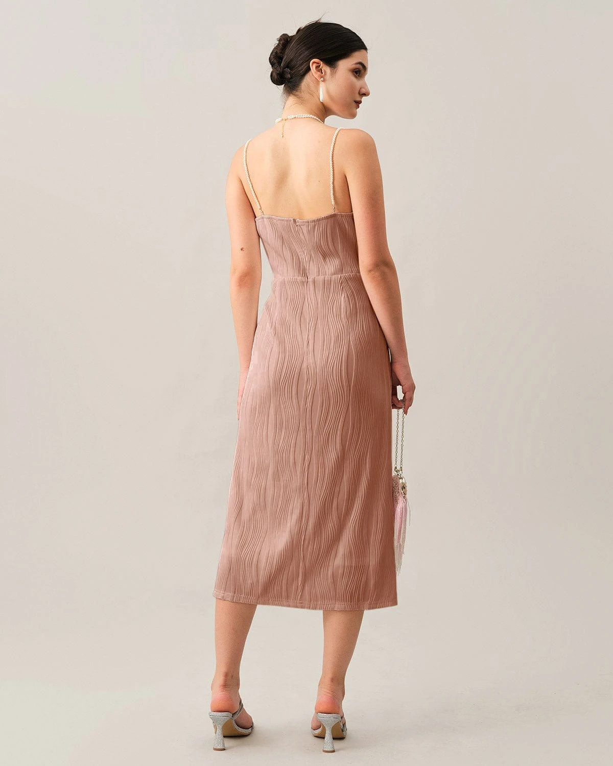 The Pink Wave Textured Pearl Strap Midi Dress 3 The Pink Wave Textured Pearl Strap Midi Dress - Image 3