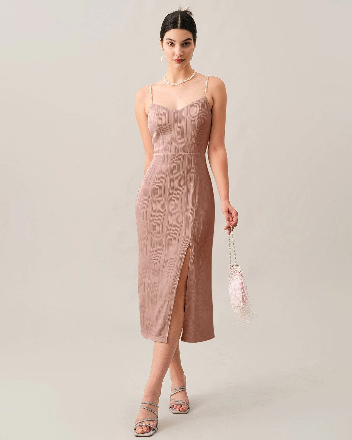 The Pink Wave Textured Pearl Strap Midi Dress 2 The Pink Wave Textured Pearl Strap Midi Dress - Image 2