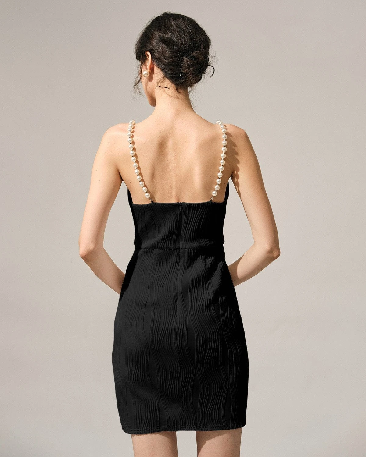 The Black Water Ripple Textured Pearl Strap Mini Dress 4 The Black Water Ripple Textured Pearl Strap Mini Dress - Image 4