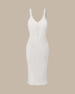 The White V-Neck Knitted Pointelle Midi Dress