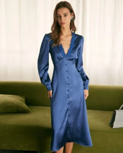 The Blue Deep V Neck Lace Satin Midi Dress -CINN Clothing Shop RW09138A0111C 2