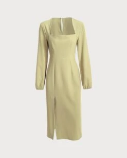 The Solid Square Neck Long Sleeve Dress -CINN Clothing Shop RW46507