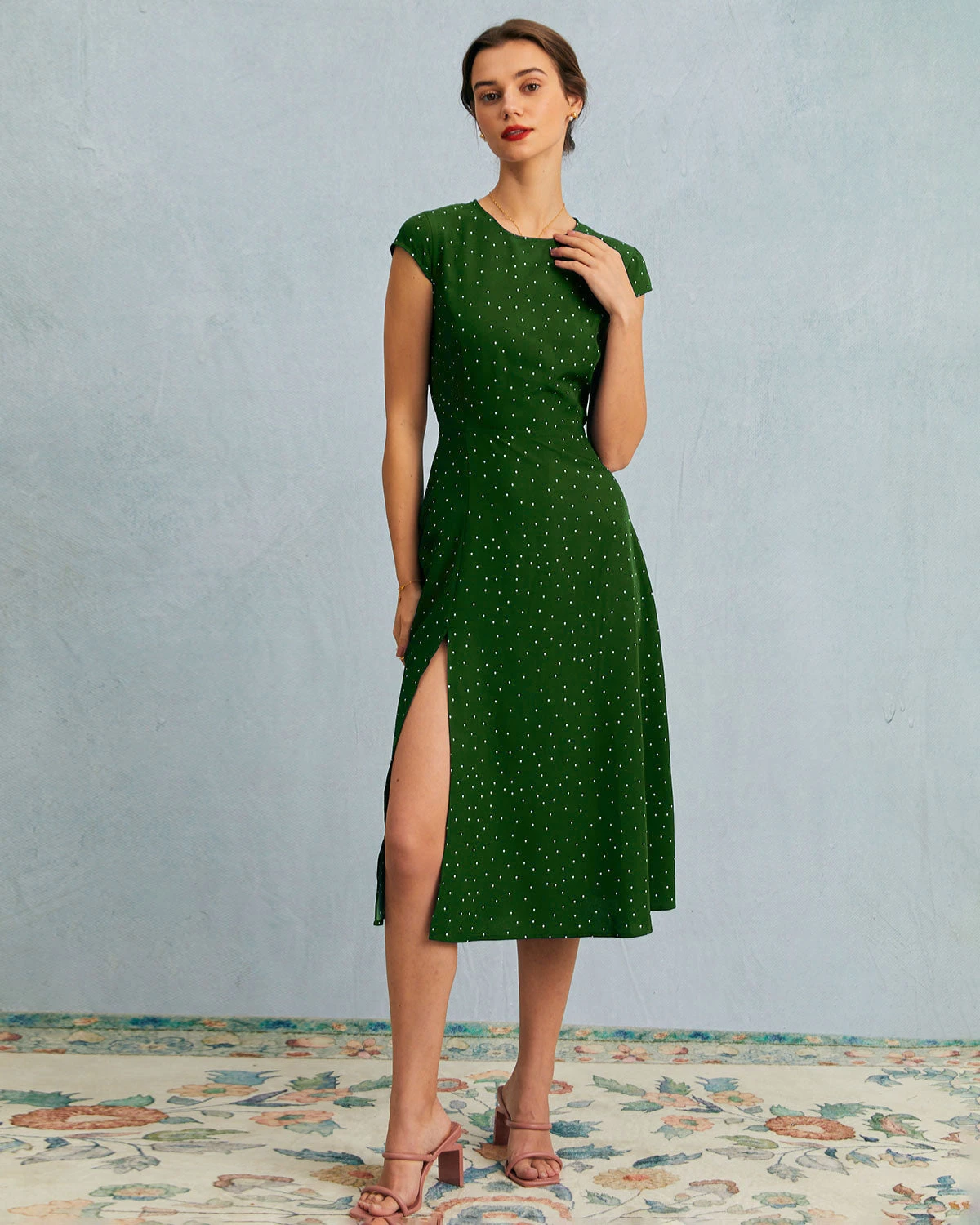 The Green Round Neck Polka Dot Cutout Midi Dress 1 The Green Round Neck Polka Dot Cutout Midi Dress