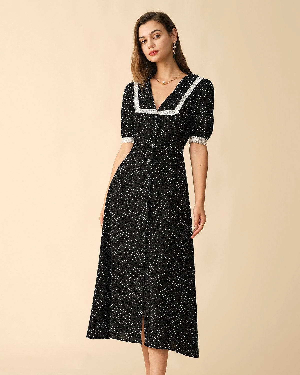 The Polka Dot Lace Trim Midi Dress 1 The Polka Dot Lace Trim Midi Dress