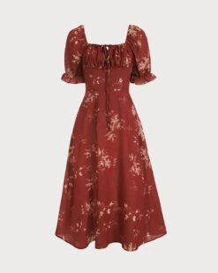 The Square Neck Floral Midi Dress 10 The Square Neck Floral Midi Dress -CINN Clothing Shop midi dresses brick red s the square neck floral midi dress 37714375835861