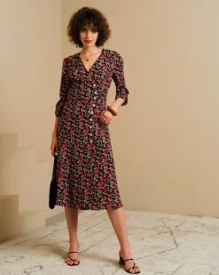 The V Neck Button Floral Midi Dress -CINN Clothing Shop midi dresses multi xs the v neck button floral midi dress 37775797682389