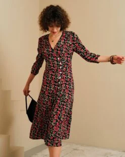 The V Neck Button Floral Midi Dress -CINN Clothing Shop midi dresses the v neck button floral midi dress 37775797518549