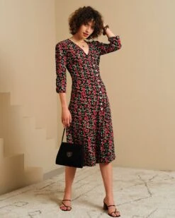 The V Neck Button Floral Midi Dress -CINN Clothing Shop midi dresses the v neck button floral midi dress 37775797584085