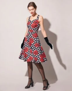 The Sweetheart Neck Polka Dot Rose Halter Midi Dress -CINN Clothing Shop rihoas11024 875440